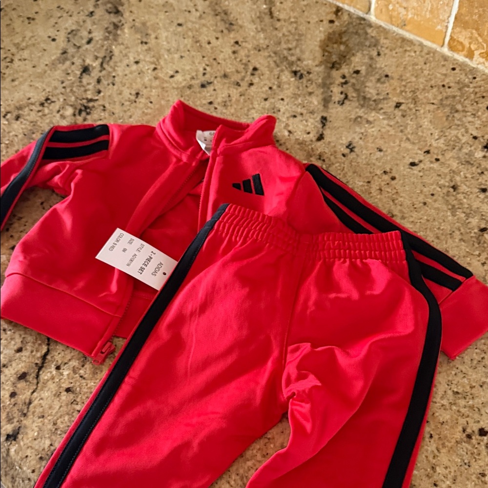 Adidas Kids Red Joggers with Black Stripes